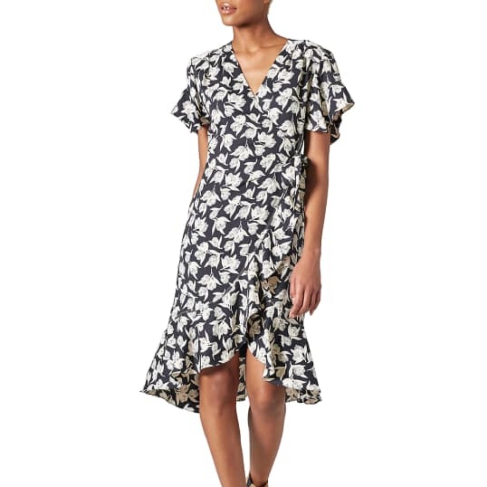 Joie Wrap Dress Amelian Floral Tulip Hem Short Sleeve Black/White